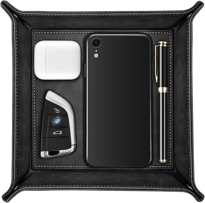 SITHON Valet Tray Desktop Storage Organizer – Premium PU Leather Catchall Bedside Vanity Tray Nightstand Caddy Holder for Keys, Phone, Wallet, Coin, Jewelry, Valentine's Day Gift, Black