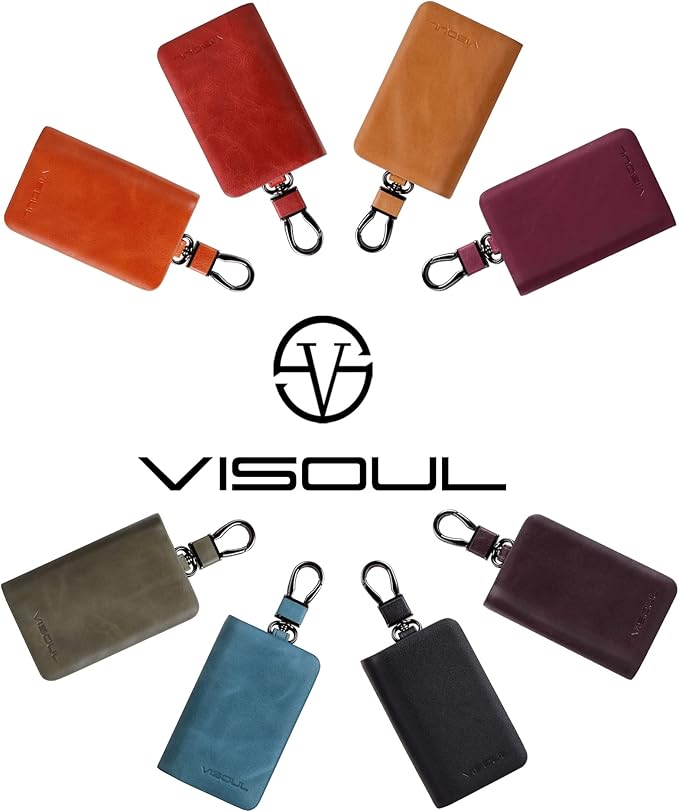 VISOUL Car Key Case Holder Double Zipper, Leather Car Smart Key Fob Case with Keychain for Men and Women