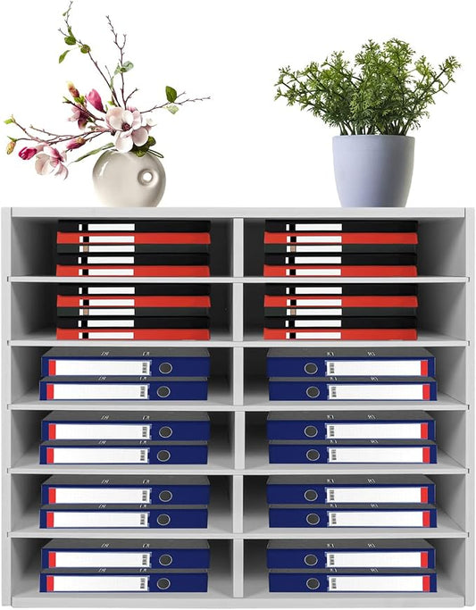 Literature Organizer Sorter for Desk, 12 Slots Adjustable File Sorter Mail Organizer, Paper Sorter Organizer, Open Design Paper Storage Mailbox for Office School Classroom, White