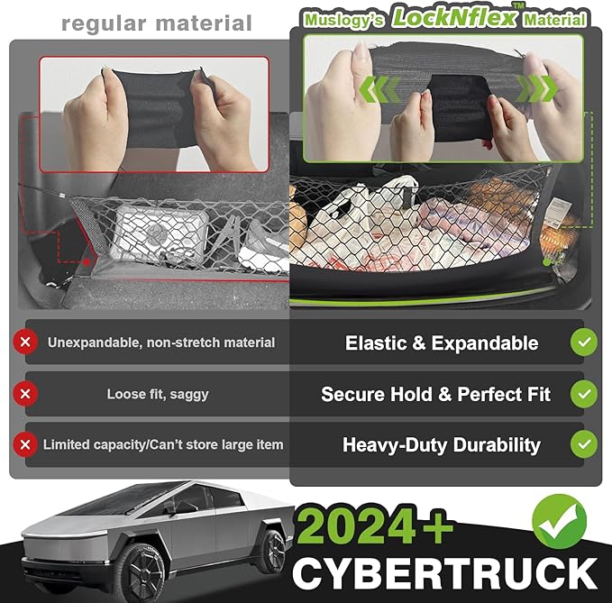Muslogy Truck Bed Cargo Net Trunk Netting Compatible with Tesla Cybertruck 2024 2025 2026 Accessories, Pickup Cargo Organizer SUV Sedan Storage Net w/Heavy Duty Carabiners