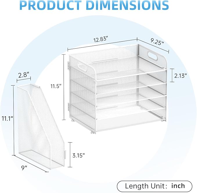 SUPEASY 5-Tier Desk Organizer with File Holder, Desk Organizers and Accessories, Paper Organizer for Desk, Mesh Desktop File Organizer, Workspace Organizers for Office School Home, White