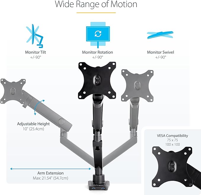 StarTech.com Desk Mount Monitor w/with 2X USB 3.0 Ports for VESA Display up to 34" (17.6lb/8kg), C-Clamp/Grommet, Mechanical Spring