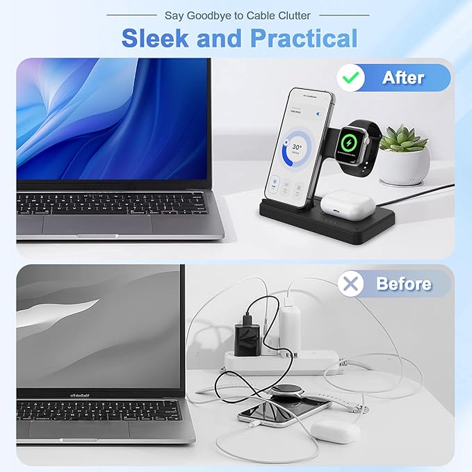Wireless Charging Station for Apple Devices: 3 in 1 Foldable Qi Compact Case-Friendly Charger Stand for iPhone 17-12 & Apple Watch & AirPods Charging Dock for Travel Home Office Desk Nightstand(Blcak)