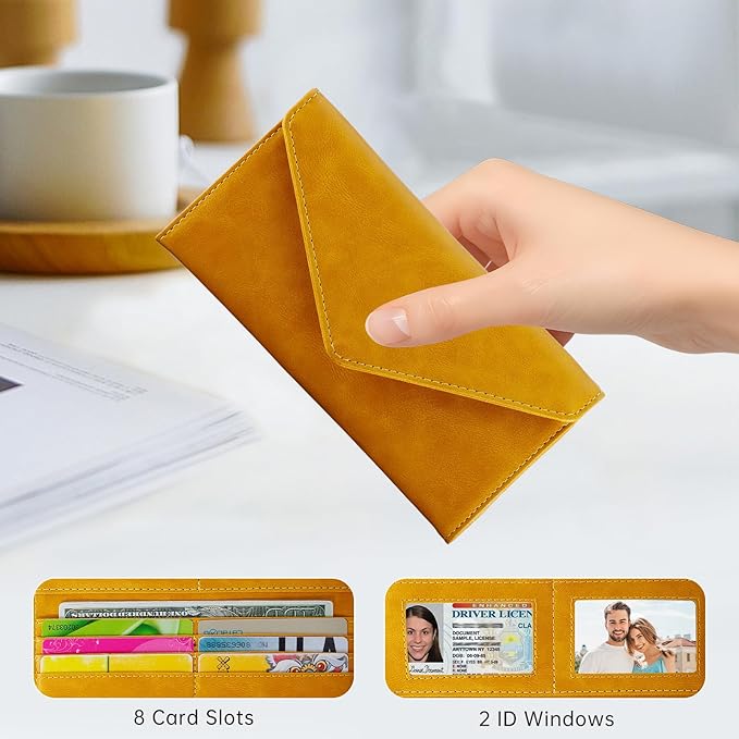 RFID Credit Card Holder Wallets, Envelop Style, Vegan Leather, 2 ID Windows, 1 Coin Pocket, Long Clutch, Ginger