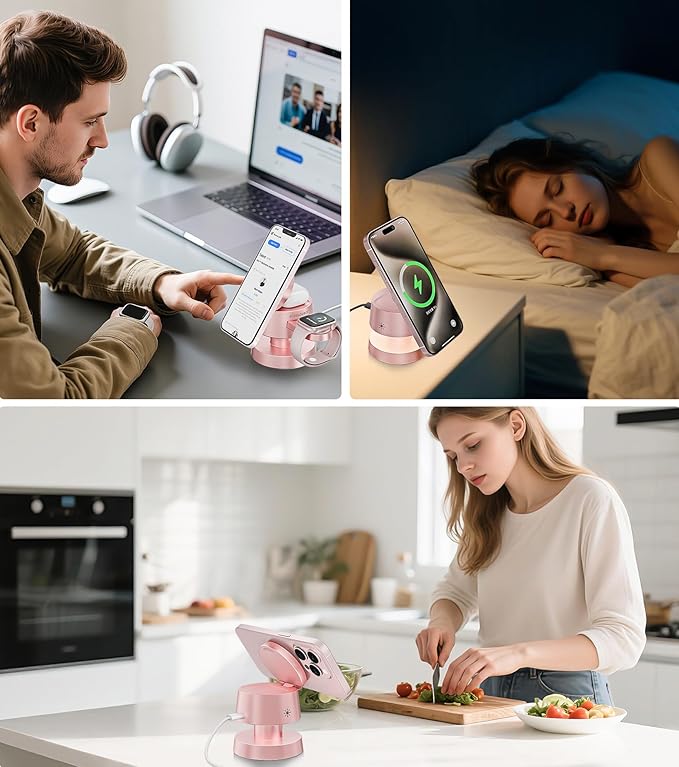 4-in-1 Magnetic Wireless Charging Station for iPhone 17/16/15/14 Pro Max, with Night Lamp and 20W Adapter Wireless Charging Station Fast Charging for Apple Watch, Earphones & Multiple Devices