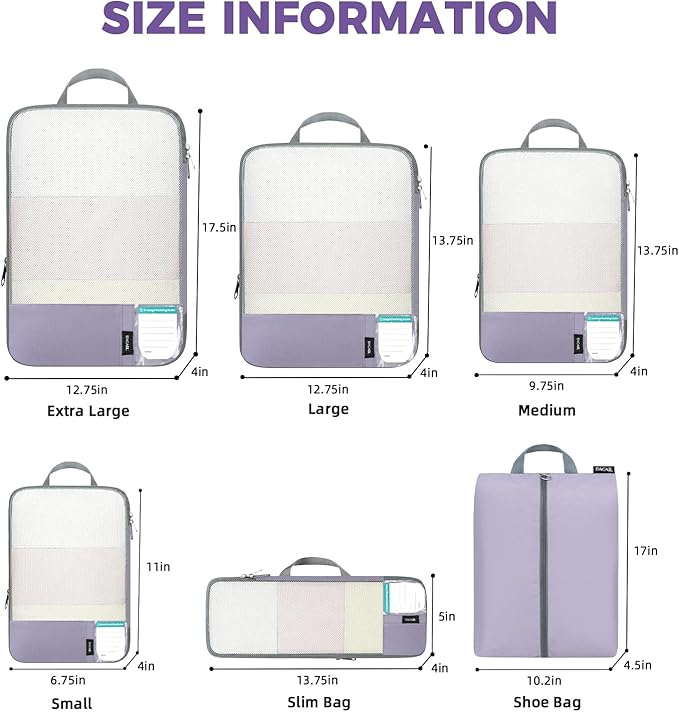 BAGAIL 6 Set Lightweight Compression Packing Cubes with Packing List, Anti-Tearing Expandable Organizer Bags for Travel, Dusty Purple