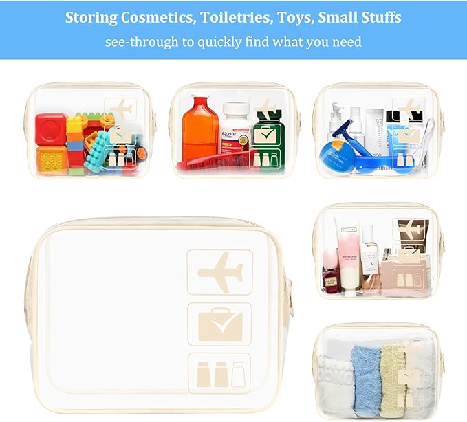 sogiv 3Pcs TSA Approved Toiletry Bag, Clear Travel Toiletry Bag, Clear Makeup Bag, Waterproof Travel Makeup Cosmetic Bag, Carry On Airport Airline Quart Size Travel Bag for Women Men (Beige)
