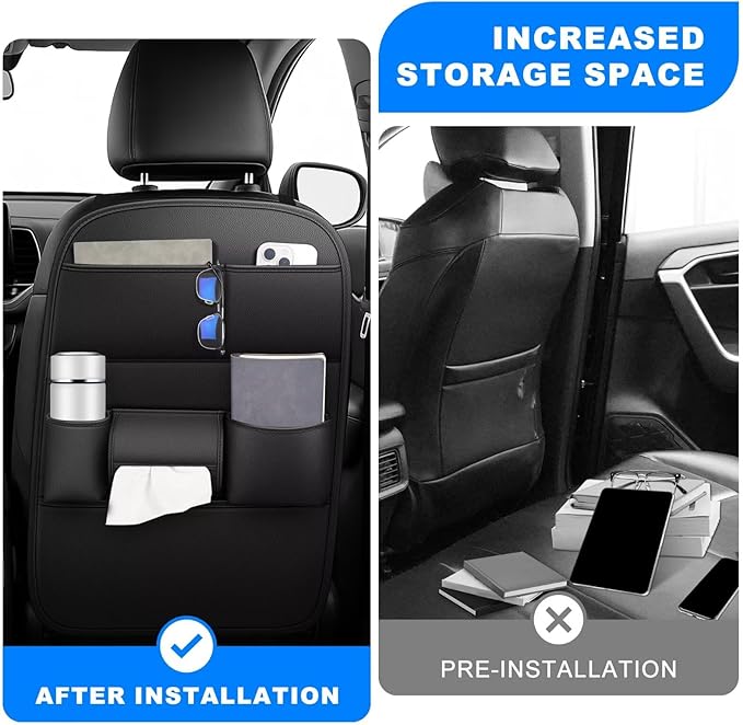 Back Seat Protector 2 Pack Fit For Ford F150 Car Kick Mats with Cup & Tissue Storage Organizer Pockets Waterproof Dirt Proof Faux Leather Auto Accessories For Kids(1 Pair Black)