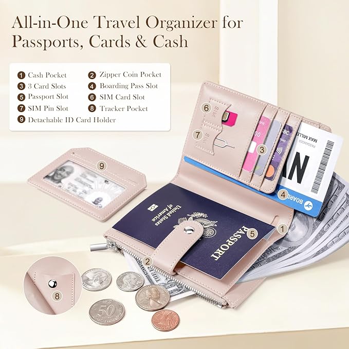 Dadanism RFID Passport Holder for Travel, Pu Leather Passport Wallet Cover with Card Holders, SIM Slots, Zippered Coin Pocket and Cash Slot, Slim Compact Travel Wallet for Women, Pink