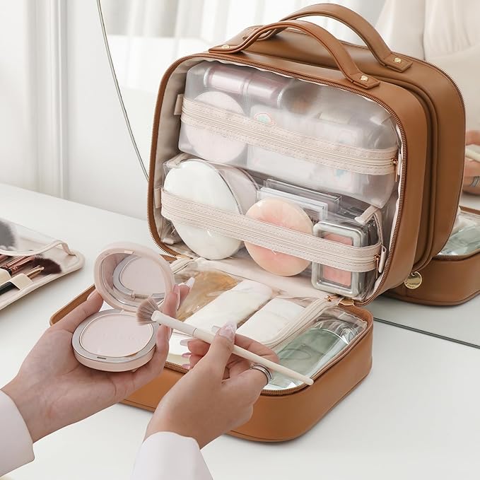 RIGHT AWAY Travel Toiletry Bag for Women, Makeup Bag& Cases, Waterproof Makeup Organizer Cosmetic Bag with Compartments,Portable Make Up Bag for Travel Size Toiletries,Skincare,Brushes Set,Brown