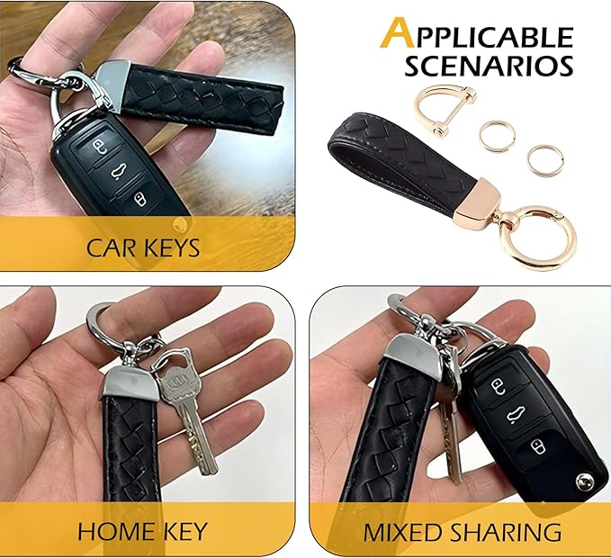 Car Keys Keychain, Leather Key Chain, Black Leather Wristlet Keychain with 2 Key Ring andAnti-Lost D-Ring, Keyfob holder for Women Men (Black)