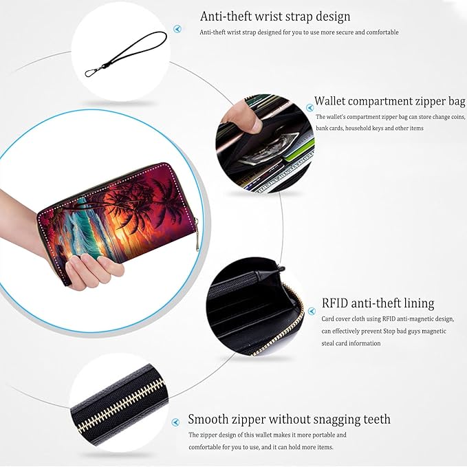 Bxgolkgd Womens Wallet, RFID Blocking Leather Wallet,Large Capacity Wallet Credit Card Holder PU Leather Ladies Clutch with Zipper Coin Pocket - Sunset Palm Tree Beach
