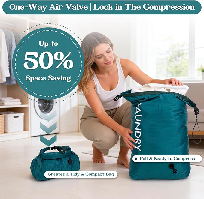Travel Laundry Bag, Vacuum Compression Dirty Clothes Travel Bag, Waterproof Wet/Dry Space-Saving Laundry Storage Organizer, Smell Proof Storage Bag for Clothing, Swimming, Yoga, Gym, Camping