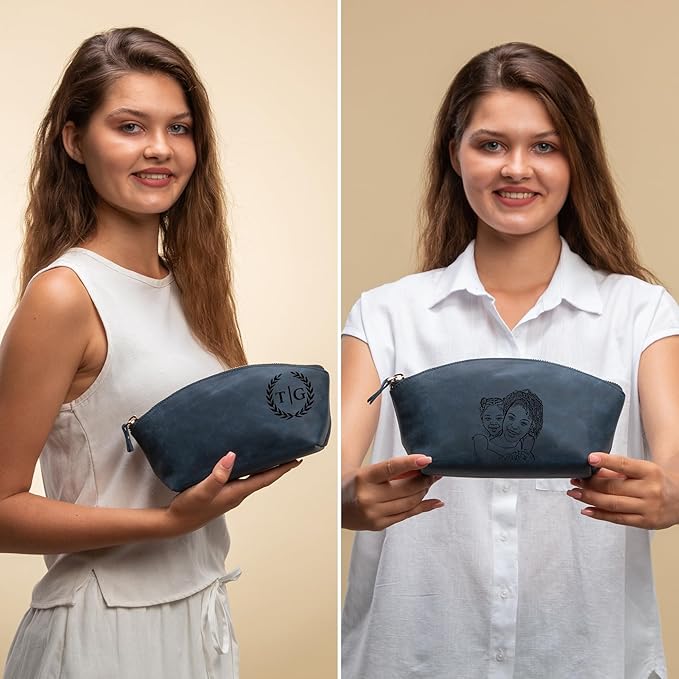 Premium Personalized Genuine Leather Cosmetic Makeup Bag - Wedding Gift for Bridesmaid, Travel Organizer Clutch for Women with Zipper Pouch for Toiletry Essentials (Navy Blue)
