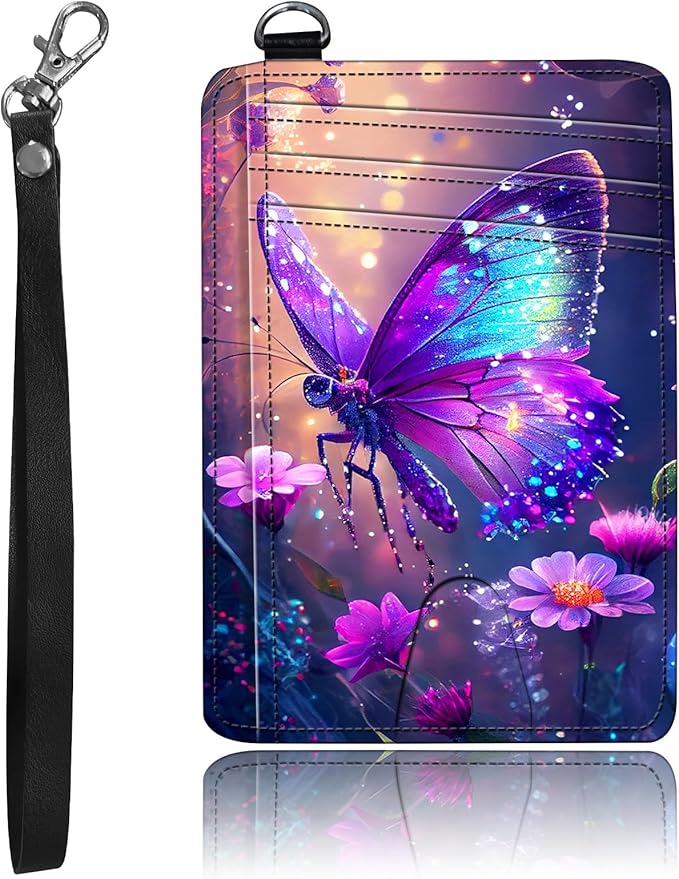 Slim Minimalist Front Pocket Wallet,Credit Card Holder Wallet for Women Men,RFID Blocking Credit Card Holder Case Leather Cute Small Thin Wallet ID Window&Wrist Strap,Purple Glitter Butterfly