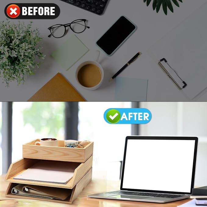 Beeveer 3 Pcs Wooden Letter Tray Stackable Document Desk Letter Tray 3 Layer Desktop Paper Organizer Heavy Duty 3 Tier Support Tabletop Inbox Drawer File Folder Back to School Office Home(Light Brown)