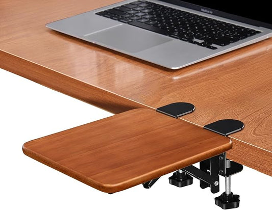 Ergonomic Desk Extender Tray, 8.2"x7.6" Table Mount Arm Wrist Rest Shelf, 90° Foldable Elbow Support, Clamp on Computer Arm Rest for Desk, Office & Home Use, Wood