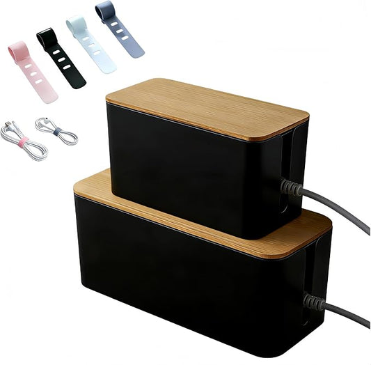 1 Large + 1 Small Cable Management Box Set – 2-Piece Cord Organizer Box, Home Office Desk Wire Storage & Cable Management Solution (Bamboo Lid/Black)