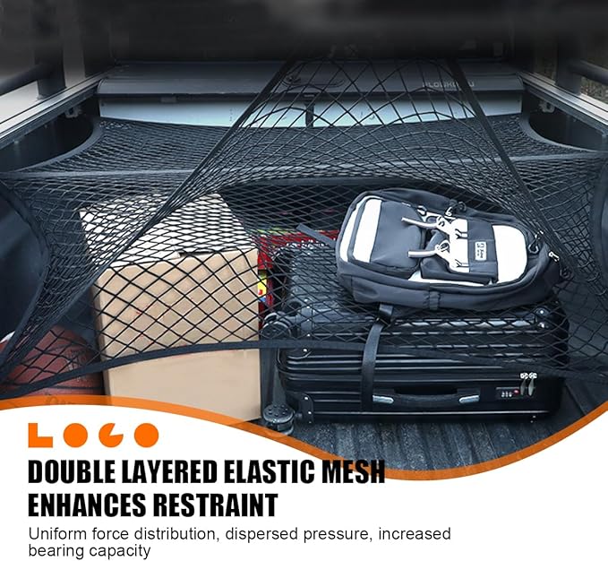 Zpana Truck Bed Cargo Net for Pickup, Highly Elastic 4'x4' Stretch to 7'x7' Stretchable Trunk Organizer Mesh with 6 PCS Carabiners, Auto Storage Accessories, Universal for Vehicles(Double Layer)