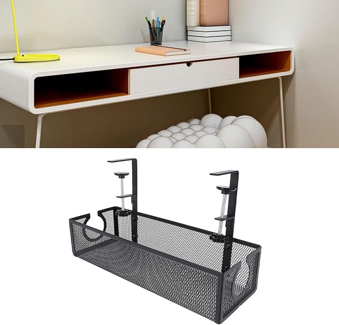 Fdit Fdit Under Desk Cable Management Tray, No Drill Metal Cable Organizer with Clamp, Wire Management Tray with Cable Ties for Home Office Desk (Black)