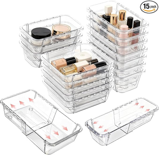 15 PCS Expandable Drawer Organizer Set, Adjustable Acrylic Drawer Dividers, Clear 2-Size Storage Bins for Makeup Organization, Vanity, Desk, Kitchen Drawers