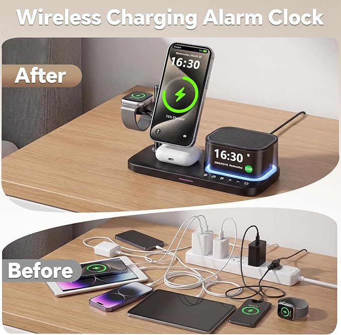 45W 5 in 1 Wireless Charging Station with Alarm Clock and Bluetooth Speaker & Night Light, Qi2.2 25W Fast Charger for MagSafe for iPhone 17/S26 Ultra, Charger Stand for iWatch & Galaxy Watch