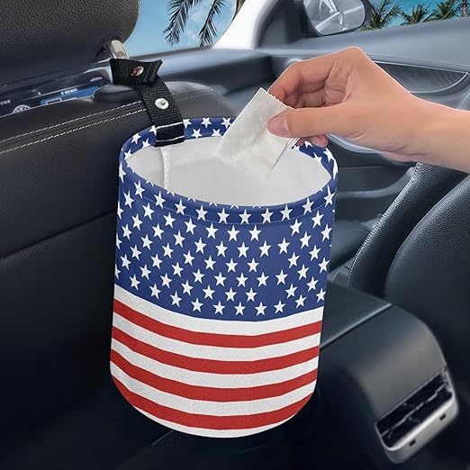 America Flag Star Stripes Multifunctional Console Basket Rubbish Bin Portable Car Waste Basket Container Waterproof Auto Storage Box Travel Accessories