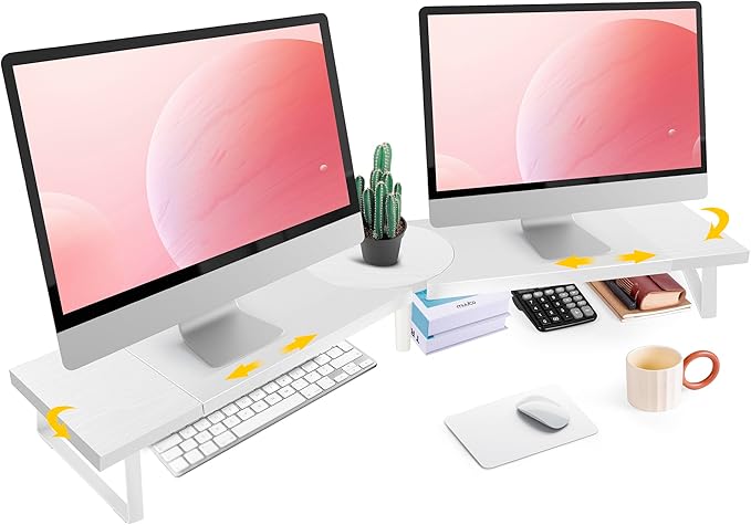 Dual-Monitor Stand for Desk - Large Adjustable Length and Angle Riser for 2 Monitors, Double Computer Desktop Organizer, Shelf for TV, Laptop, Printer