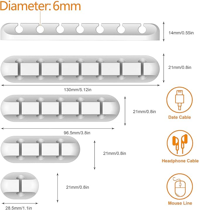 Cord Holder Cable Organizer Clips – Self Adhesive Cord Organizer for Desk, Car, Nightstands, Office, White Silicone Cord Keeper Cable Clips Wire Holders for Phone Charger Cords (7-5-3-1-1 Slots)