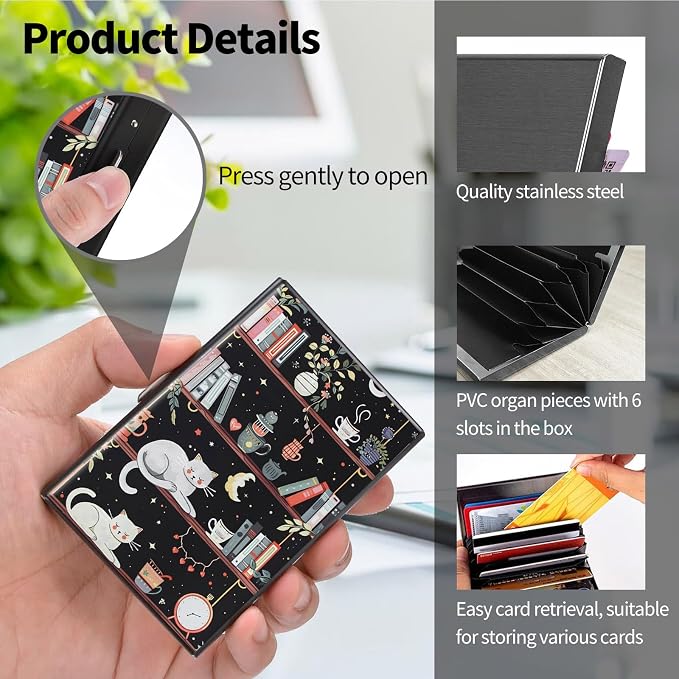 Metal Wallet, Credit Card Holder for Women Men Girls, RFID Blocking Aluminum Wallet Slim Hard Case, Mini Travel Wallet, ID Card Holder Business Card Case,Cat Library Bookshelf