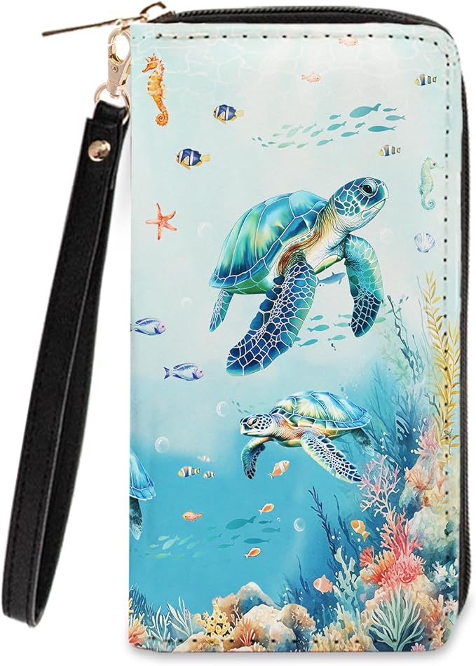 Sea Turtle Wallets for Women - Slim PU Leather Womens Wallet with Cash Zipper Coin Purse, Small Credit Card Holder Travel Wallet, Wristlet Wallets for Ladies Teen Girls Purse (Ocean Lovers Gift)