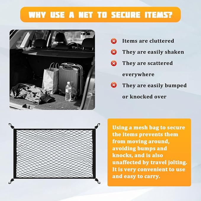 Car Cargo Net, 39.37" × 23.62" Adjustable Elastic Vehicle Trunk Cargo Storage Net with Hooks, Stretchable Mesh Automotive Trunk Organizers, Universal for SUV Motorhome Pickup