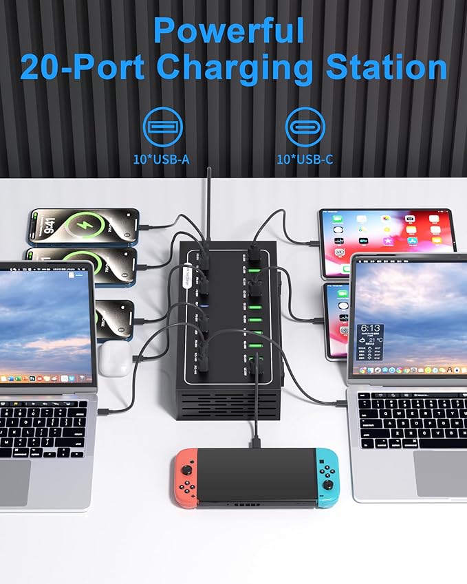 770W USB Charging Station, 20 Port Fast Charging Station for Multiple Devices, PD-140W USB C Charger Block, Smart Power Delivery & Multi Protection for Laptop MacBook iPhone, iPad, Tablet, and More