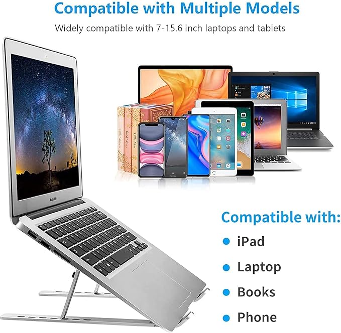 Ergonomic 7-Levels Angles Adjustable Laptop Stand, Portable Laptop Stand for Desk, Aluminum + Silicone Foldable Ventilated Cooling Laptop Riser for 10-17” Laptops, Tablets (Silver)