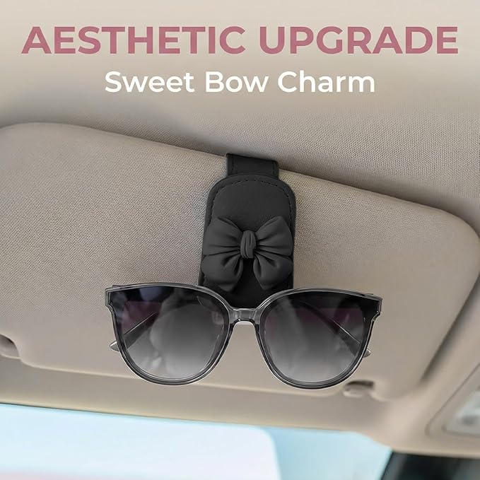 Bittwee Sunglasses Holder for Car Visor, Magnetic Cute Bow Leather Sun Visor Eyeglasses Mount & Ticket Card Clip, Magnet Automotive Interior Glasses Hanger Organizer, Universal for Vehicles (Black)