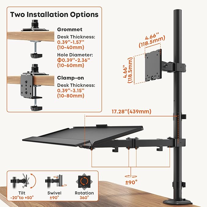 PUTORSEN 49''Monitor Arm with Keyboard Tray, Sit Stand Monitor Desk Mount, 44 lbs Monitor& 19.8 lbs Tray Capacity, C-Clamp & Grommet Mount,Standing Workstation Option
