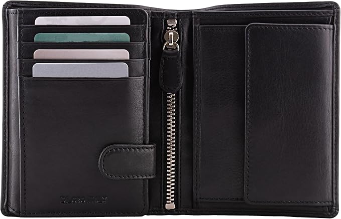 DiLoro Mens Full Size Large Capacity Genuine Full Grain Leather Wallet Bifold Flip ID Coin & Zip Pockets RFID Blocking Anti-Theft (Black Nappa)