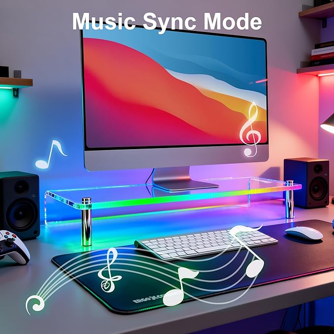 Acrylic Monitor Stand with WRGB Lights, Music Sync Clear Desk Riser with App & Button Control, Off Desktop Shelf for Gaming Setup and Home Office, Computer, Laptop, Printer, 23.6 Inch