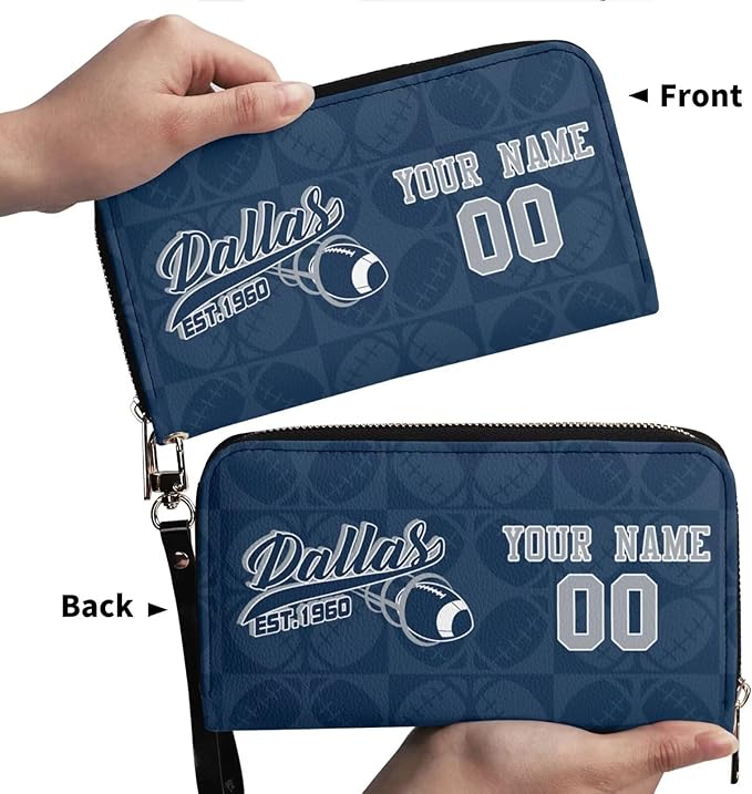 Custom Sports Team Zip Organizer Wallet-Personalized PU Leather Wallet with Name Number,Multi-Card Slots,Wrist Strap,Fan Gift for Men Women.