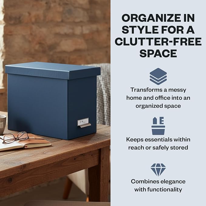 Bigso John Fiberboard Label Frame Desktop File Storage Box - Document Organizer for Important Paperwork - Durable Hanging File Box with a Lid & Metal Label Window - 7.36 x 13.38 x 10.51 in - Blue