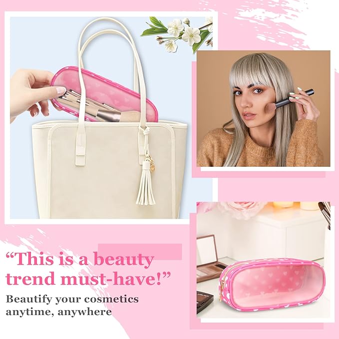 Nylon Small Clear Makeup Bag Slim Pencil Pouch, Cute Pencil Case Makeup Bag Preppy Cosmetic Zipper Pouch for Purse,Travel PVC Toiletry Bag Clutch Coin Pouch Makeup Organizer for Women Girl(Pink Heart)