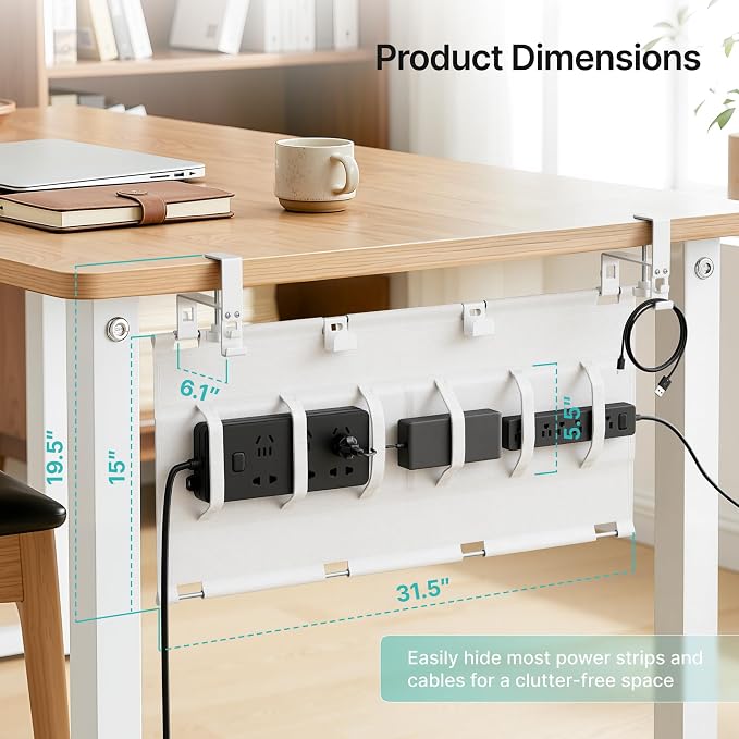 PEGZONE No Drill Under Desk Cable Management Tray, 31.5" Cord Management Under Desk for Table, Clamp Mount Desk Cable Management, Premium Fabric Wire Management Tray for Office, Home, White