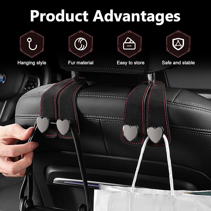 2 PCS Car Seat Backpack Hooks, Alloy High Load-bearing Seat Headrest Double Hooks, 2-in-1 Multifunctional Storage Hangers Phone Holder, Universal for Most Cars (Black)