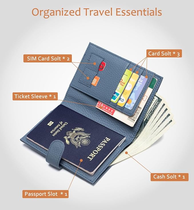 Leather RFID Blocking Passport Holder for Travel Women | Multiple Slim Passport Wallet for Women with Card Slots, Zipper Coin Pocket, Travel Passport Cover Case Gift Ready Denim Blue