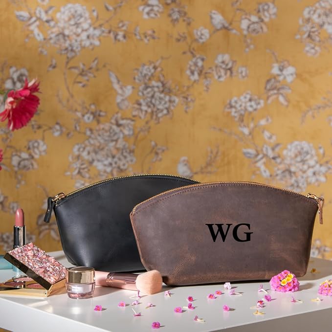Blade Premium Personalized Genuine Leather Cosmetic Makeup Bag - Wedding Gift for Bridesmaid, Travel Organizer Clutch for Women with Zipper Pouch for Toiletry Essentials (Dark Tobacco)