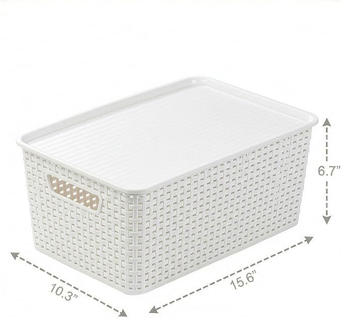 BINO | Plastic Storage Baskets with Lids, 15.5 Liter - 3 Pack, White | THE WOVEN COLLECTION | Storage Basket for Shelves Woven Storage Baskets for Organizing Bins Pantry Shelf Organizer Container Bin