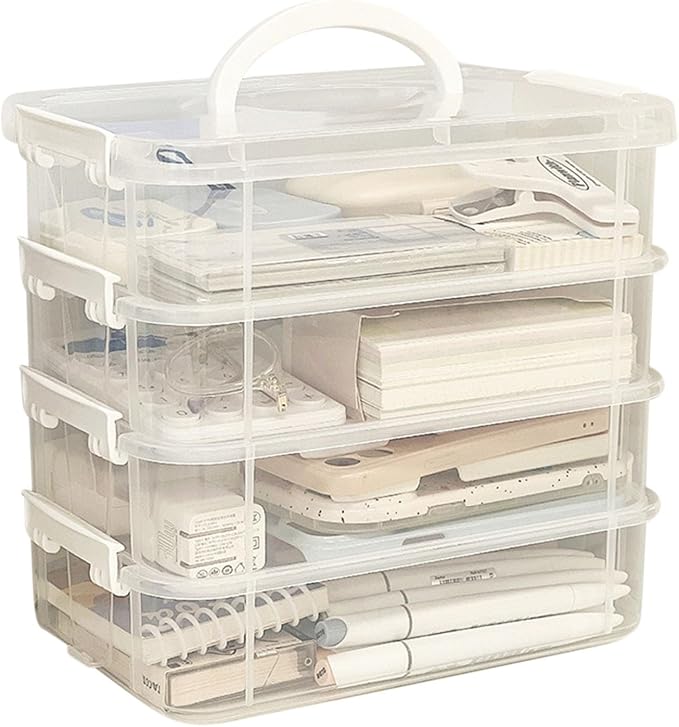 4-Tiers Plastic Storage Box, Stackable Storage Bins With Lids, Handle, Clear File Box Plastic, Parts Tools Sorting Plastic File Storages Boxs For Craft Art School & Office Supplies