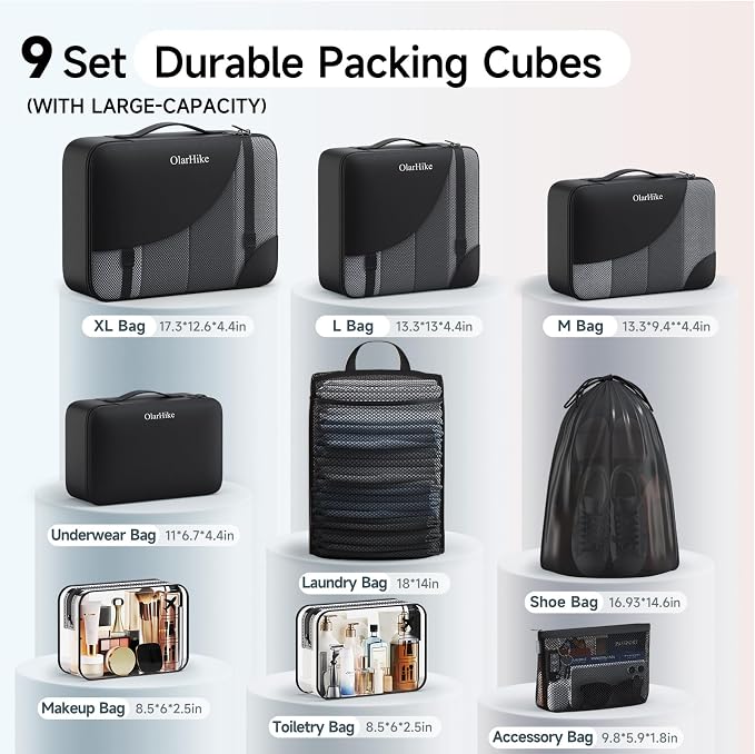 9 Set Packing Cubes for Travel, Gifts for Women Mom,Anti-Tearing Suitcase Organizer,OlarHike Vacation Essentials & Accessories for Cruise Ship