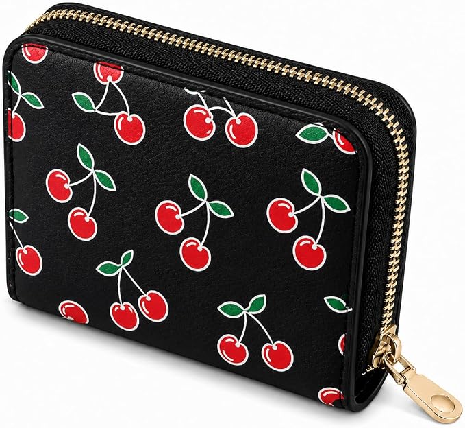 Ladies change card bag, zip storage bank card case, small portable 11 large capacity pouch, holds banknote change credit card(Black cherry)