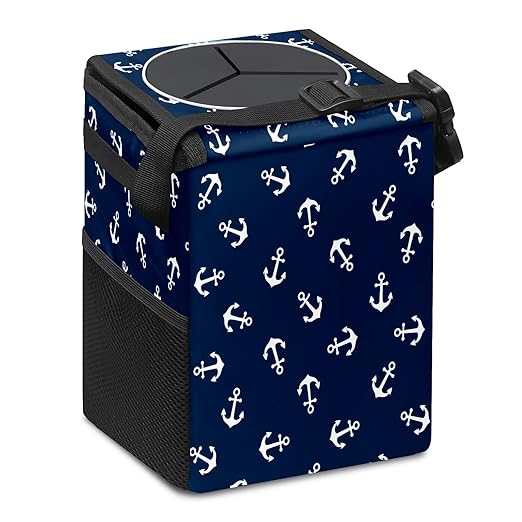 Car Trash Can Nautical Anchor Navy Blue Auto Garbage Bag Car Trash Can with Lid Leak-Proof Car Storage Bag Auto Garbage Bag Hanging for Headrest Collapsible and Portable with Storage Mesh Pocket